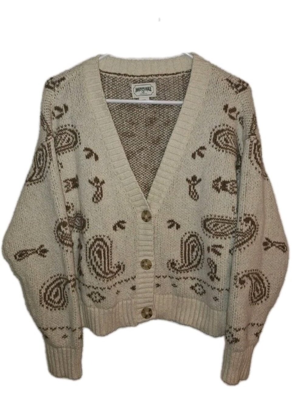 American Eagle Women's Large Beige Sweater Paisley Pattern 3 Button